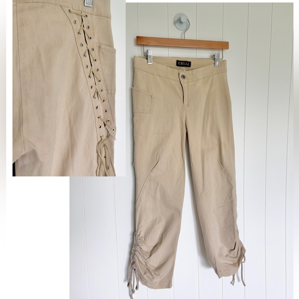 Vintage Y2K Cello USA Beige Drawstring Cropped Ankle Pants / Capris / Cargo Pant